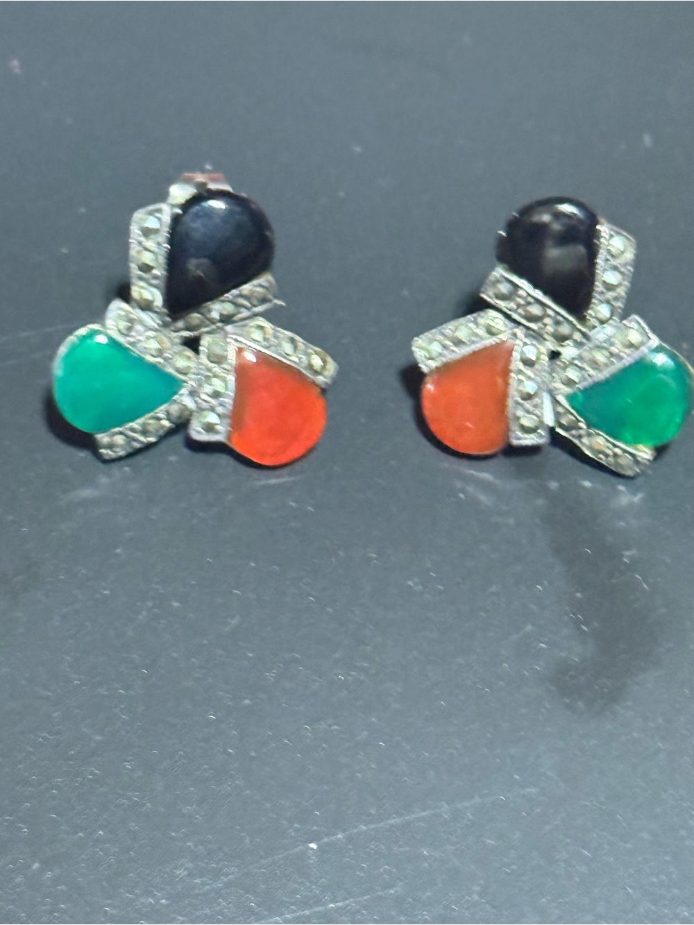 Vintage Art Deco Teardrop Cluster Stud Earrings - 925 Silver and Marcasite